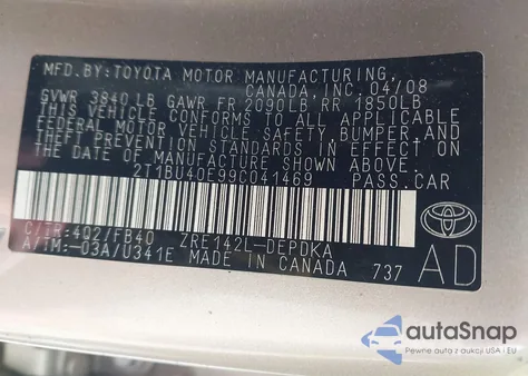 2009 Toyota Corolla Le z USA, uszkodzony, nr VIN 2T1BU40E99C041469